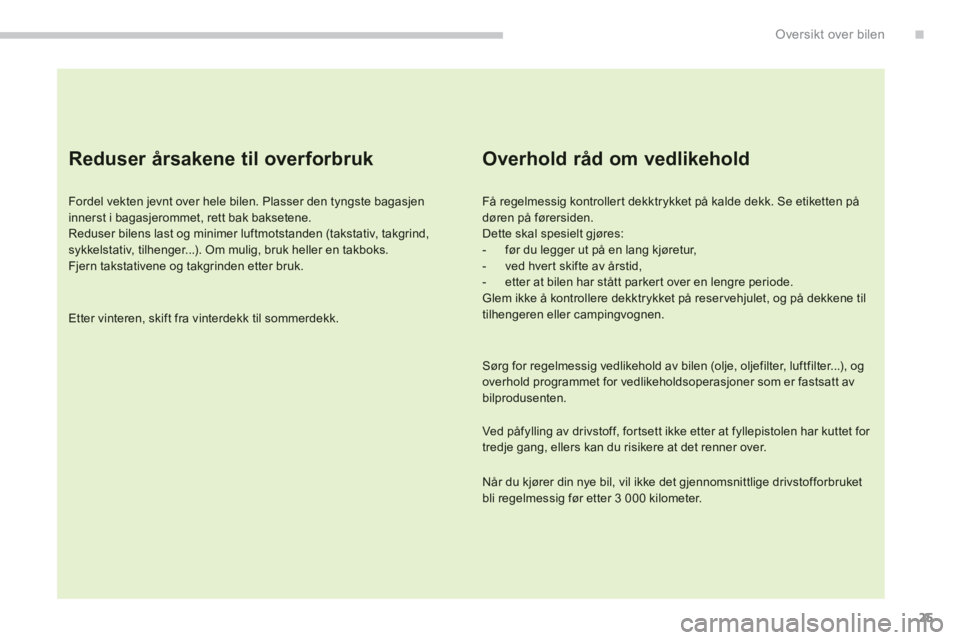 CITROEN C4 PICASSO 2014  InstruksjonsbØker (in Norwegian) .
25
Oversikt over bilen
   
Reduser årsakene til overforbruk
 
 
Fordel vekten jevnt over hele bilen. Plasser den tyngste bagasjeninnerst i bagasjerommet, rett bak baksetene.  
Reduser bilens last o