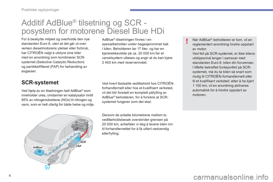 CITROEN C4 PICASSO 2014  InstruksjonsbØker (in Norwegian) 4
Praktiske opplysninger
   
 
 
 
 
 
 
 
 
 
 
 
 
 
 
 
 
 
Additif AdBlue ® 
 tilsetning og SCR   
-
posystem for motorene Diesel Blue HDi  
 
 
For å beskytte miljøet og overholde den nye 
sta