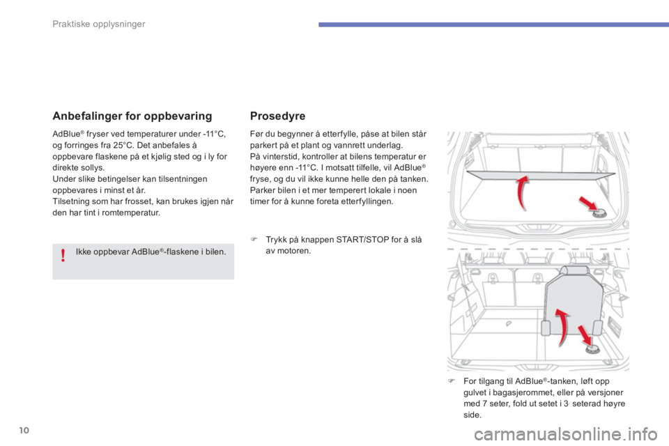 CITROEN C4 PICASSO 2014  InstruksjonsbØker (in Norwegian) 10
Praktiske opplysninger
   
Anbefalinger for oppbevaring 
 
 
Ikke oppbevar AdBlue ® 
-flaskene i bilen.  
    AdBlue 
® 
 fryser ved temperaturer under -11°C, 
og forringes fra 25°C. Det anbefa