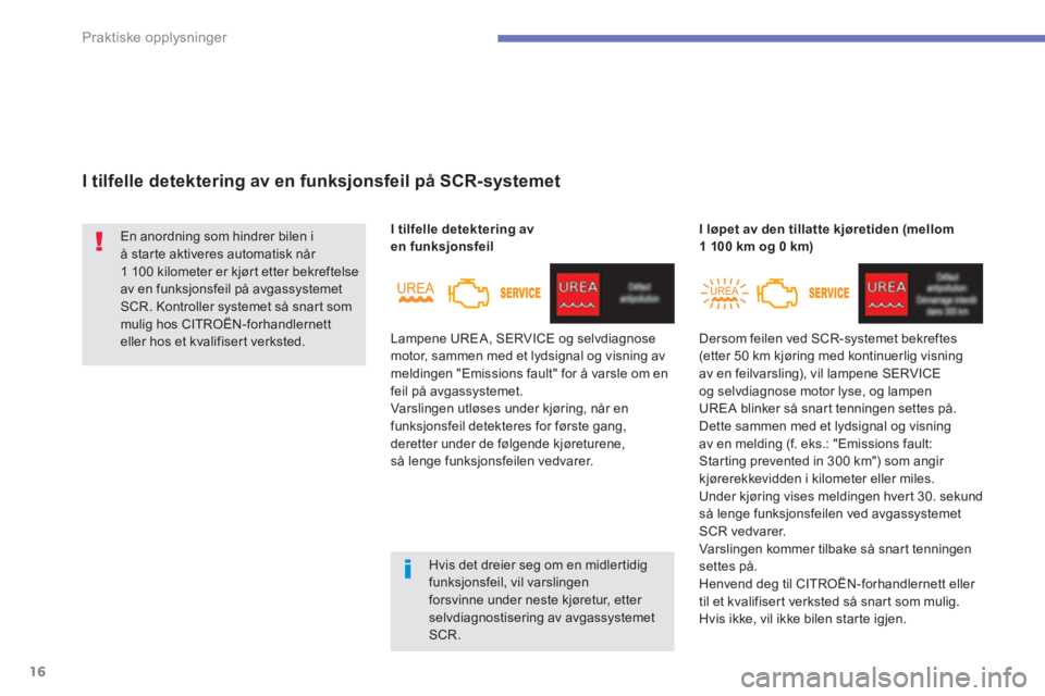 CITROEN C4 PICASSO 2014  InstruksjonsbØker (in Norwegian) 16
Praktiske opplysninger
   
 
I tilfelle detektering av en funksjonsfeil på SCR-systemet 
 
En anordning som hindrer bilen i 
å starte aktiveres automatisk når 
1 100 kilometer er kjørt etter be