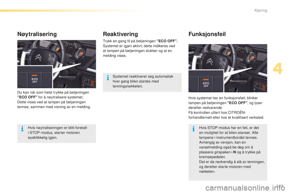 CITROEN C5 2016  InstruksjonsbØker (in Norwegian) 117
C5_no_Chap04_conduite_ed01-2015
Reaktivering
trykk en gang til på betjeningen " ECO OFF ".systemet er igjen aktivt; dette indikeres ved 
at lampen på betjeningen slukker og at en 
meldin