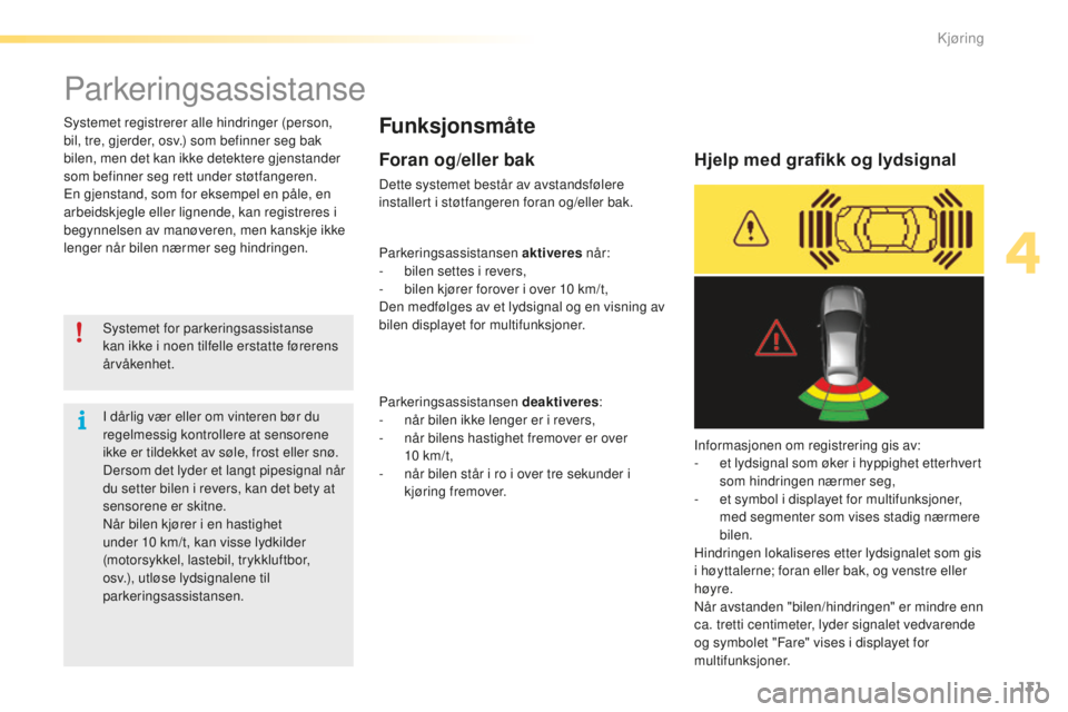 CITROEN C5 2016  InstruksjonsbØker (in Norwegian) 131
C5_no_Chap04_conduite_ed01-2015
Parkeringsassistanse
Funksjonsmåte
systemet for parkeringsassistanse 
kan ikke i noen tilfelle erstatte førerens 
årvåkenhet.
sy

stemet registrerer alle hindri