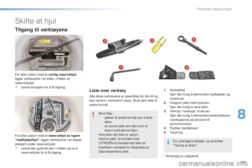 CITROEN C5 2016 InstruksjonsbØker (in Norwegian) 185
C5_no_Chap08_information_ed01-2015
skifte et hjul
Tilgang til verktøyene
For biler utstyrt med et vanlig reservehjul,
ligger verktøyene i en boks i midten av
reservehjulet.
F
L
øsne stropp CITROEN C5 2016 InstruksjonsbØker (in Norwegian) 185
C5_no_Chap08_information_ed01-2015
skifte et hjul
Tilgang til verktøyene
For biler utstyrt med et vanlig reservehjul,
ligger verktøyene i en boks i midten av
reservehjulet.
F
L
øsne stropp