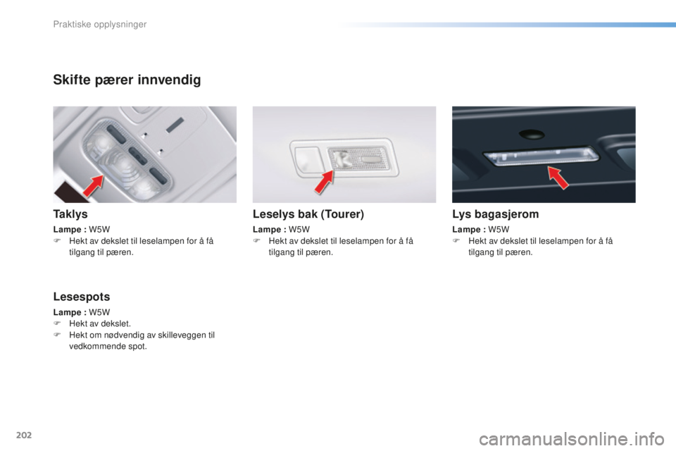 CITROEN C5 2016  InstruksjonsbØker (in Norwegian) 202
C5_no_Chap08_information_ed01-2015
Skifte pærer innvendig
Ta k l y s
Lampe : W5W
F H ekt av dekslet til leselampen for å få 
tilgang til pæren.
Leselys bak (Tourer)
Lampe : W5W
F  H ekt av dek