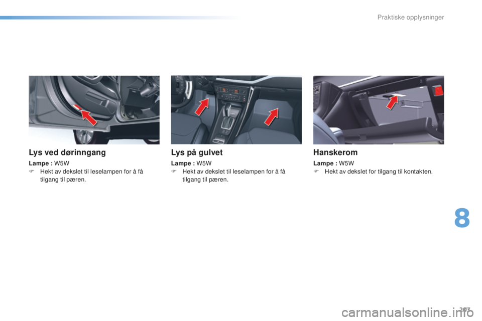 CITROEN C5 2016  InstruksjonsbØker (in Norwegian) 203
C5_no_Chap08_information_ed01-2015
Lys ved dørinngang
Lampe : W5W
F H ekt av dekslet til leselampen for å få 
tilgang til pæren.
Lys på gulvet
Lampe : W5W
F  H ekt av dekslet til leselampen f