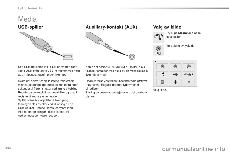 CITROEN C5 2016  InstruksjonsbØker (in Norwegian) 282
C5_no_Chap11b_sMEGplus_ed01-2015
Media
USB-spillerValg av kilde
Velg skifte av lydkilde.
tr
ykk på Media
 for å åpne 
hovedsiden.
sy

stemet oppretter spillelistene (midlertidig 
minne), og den