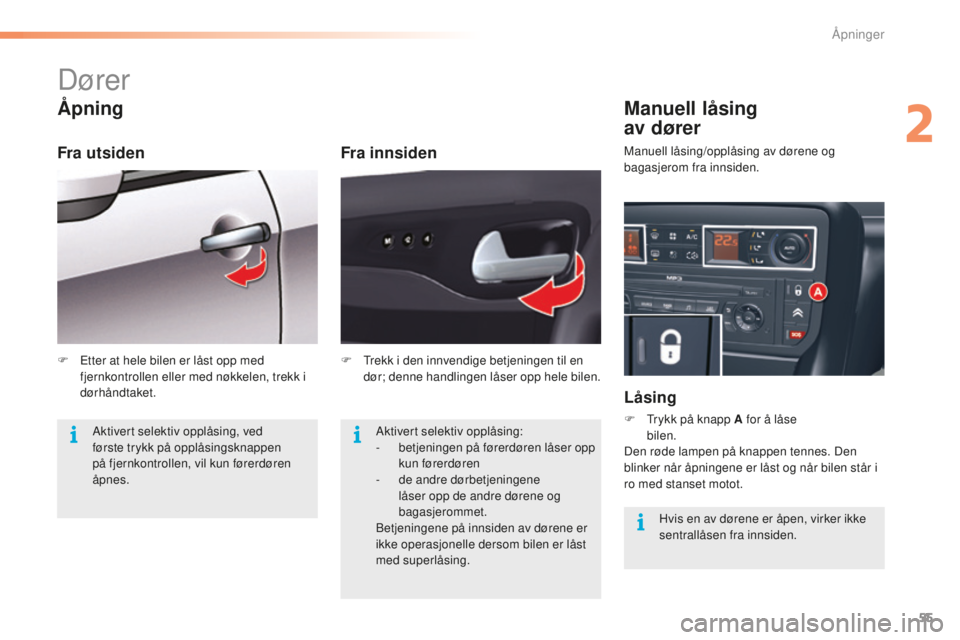 CITROEN C5 2016  InstruksjonsbØker (in Norwegian) 55
C5_no_Chap02_ouverture_ed01-2015
Dører
Åpning
Fra innsiden
Manuell låsing  
av dører
Låsing
F  trykk på knapp A for å låse  bilen.
Den røde lampen på knappen tennes. Den 
blinker når åp