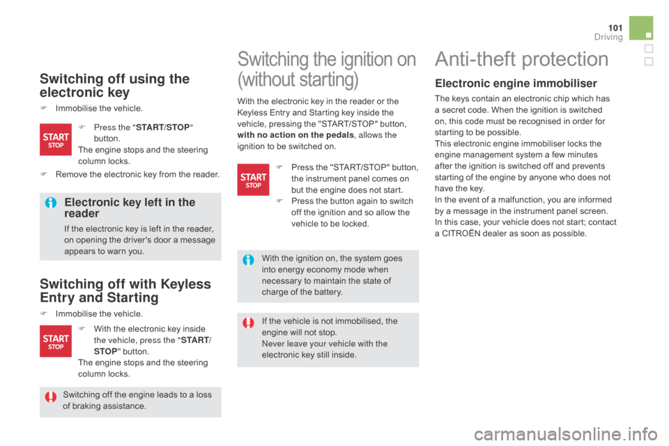Citroen DS5 RHD 2016 1.G Owners Guide 101
Switching off using the 
electronic key
F Immobilise the vehicle.
Electronic key left in the 
reader
If the electronic key is left in the reader, 
on opening the drivers door a message 
appears t