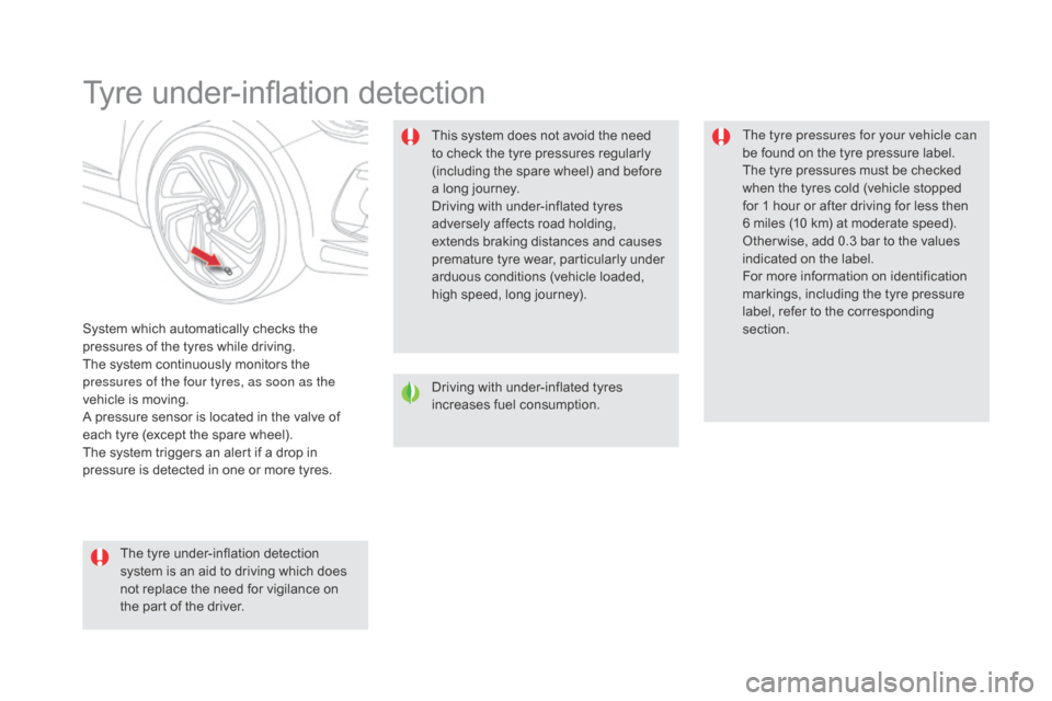 Citroen DS5 RHD 2016 1.G Owners Manual Tyre under-inflation detection
System which automatically checks the 
pressures of the tyres while driving.
The system continuously monitors the 
pressures of the four tyres, as soon as the 
vehicle i