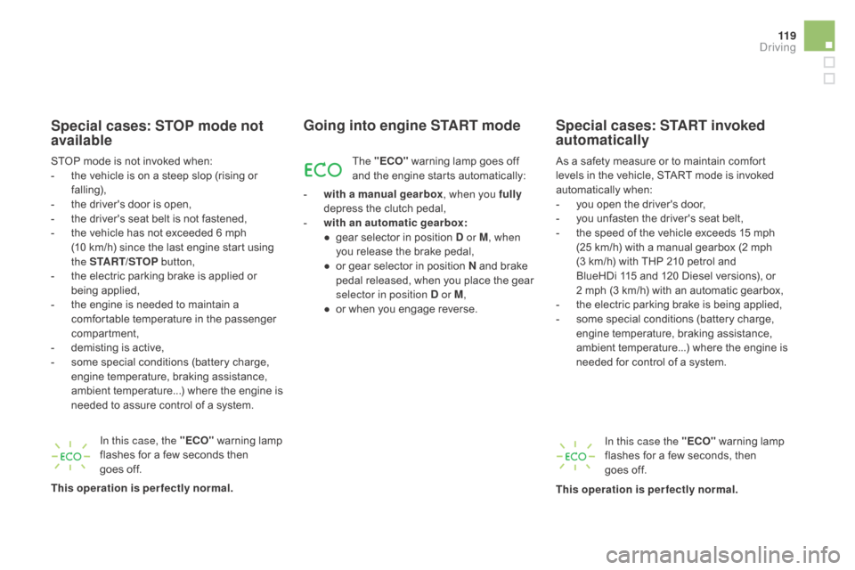 Citroen DS5 RHD 2016 1.G Owners Manual 11 9
Special cases: STOP mode not 
available
STOP mode is not invoked when:
- t he vehicle is on a steep slop (rising or 
falling),
-
 
t
 he drivers door is open,
-
 
t
 he drivers seat belt is not