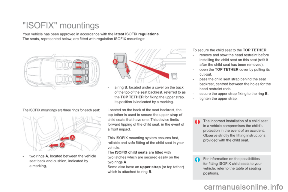 Citroen DS5 RHD 2016 1.G Owners Manual Your vehicle has been approved in accordance with the latest ISOFIX regulations.
The seats, represented below, are fitted with regulation ISOFIX mountings:
"ISOFIX" mountings
- two rings A , located b