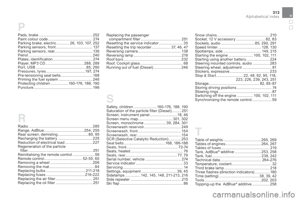 Citroen DS5 RHD 2016 1.G Owners Manual 313
Radio ............................................................. 285
Range, AdBlue  ............................... ....... 254, 255
Rear screen, demisting
 ............................. 8

0, 