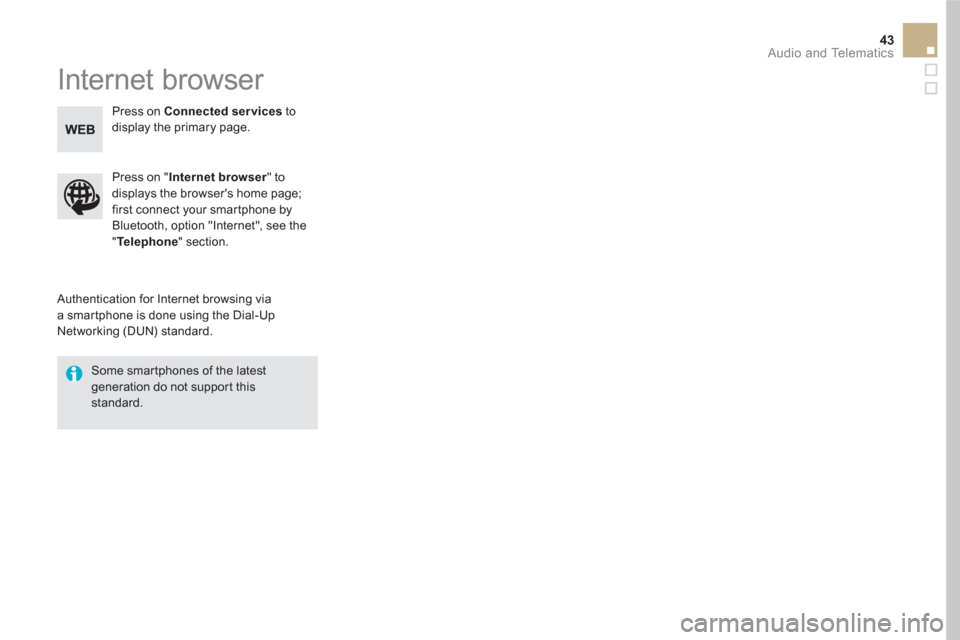 Citroen DS5 RHD 2016 1.G Owners Manual 43  Audio and Telematics 
 
Internet browser 
 
 
Authentication for Internet browsing via 
a smartphone is done using the Dial-Up 
Networking (DUN) standard.      
Press on " Internet browser 
" to 
