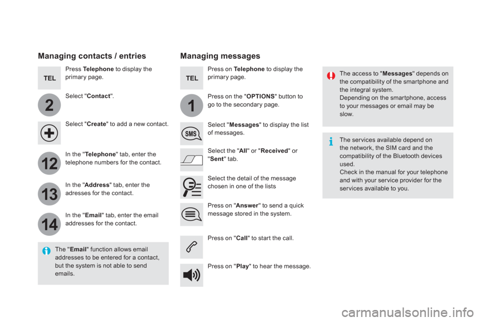 Citroen DS5 RHD 2016 1.G Owners Manual 2
12
13
14
1
The access to " Messages
" depends on
the compatibility of the smartphone and
the integral system.
Depending on the smartphone, access
to your messages or email may be
slow. Citroen DS5 RHD 2016 1.G Owners Manual 2
12
13
14
1
The access to " Messages
" depends on
the compatibility of the smartphone and
the integral system.
Depending on the smartphone, access
to your messages or email may be
slow.