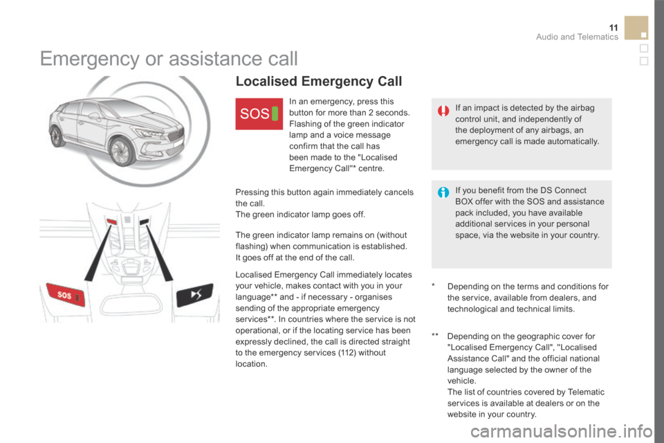 Citroen DS5 RHD 2016 1.G User Guide 11 Audio and Telematics
DS5_Additif_en_Chap11b_BTA_ed03-2015
Emergency or assistance call
If an impact is detected by the airbag control unit, and independently of the deployment of any Citroen DS5 RHD 2016 1.G User Guide 11 Audio and Telematics
DS5_Additif_en_Chap11b_BTA_ed03-2015
Emergency or assistance call
If an impact is detected by the airbag control unit, and independently of the deployment of any