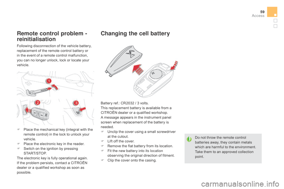 Citroen DS5 RHD 2016 1.G Owners Manual 59
Do not throw the remote control 
batteries away, they contain metals 
which are harmful to the environment.
Take them to an approved collection 
point.
changing the cell battery
Battery ref.: CR203