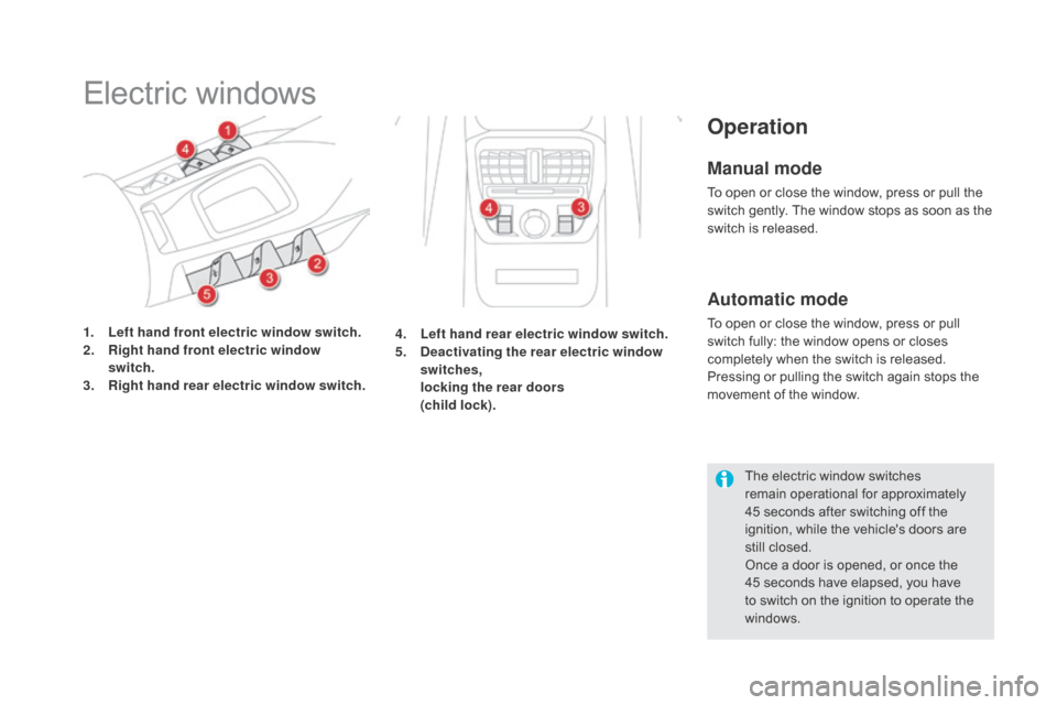 Citroen DS5 RHD 2016 1.G Owners Manual Electric windows
1. Left hand front electric window switch.
2. Right hand front electric window 
switch.
3.
 R

ight hand rear electric window switch.
Operation
Manual mode
To open or close the window
