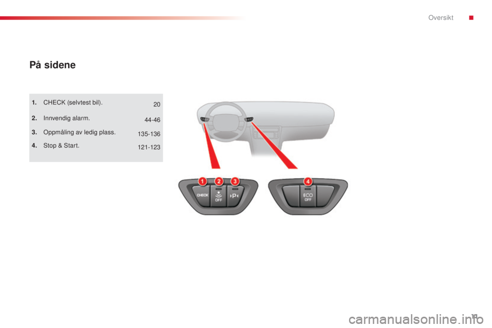 CITROEN C5 2015  InstruksjonsbØker (in Norwegian) 11
C5_no_Chap00b_vue-ensemble_ed01-2014
På sidene
1. CHECk (selvtest bil).
2.
 I
 nnvendig alarm.
3.
 

o
ppm
 åling av ledig plass.
4.
 

s top &  s tart. 20
121-123 44-46
135-136
. 
oversikt  