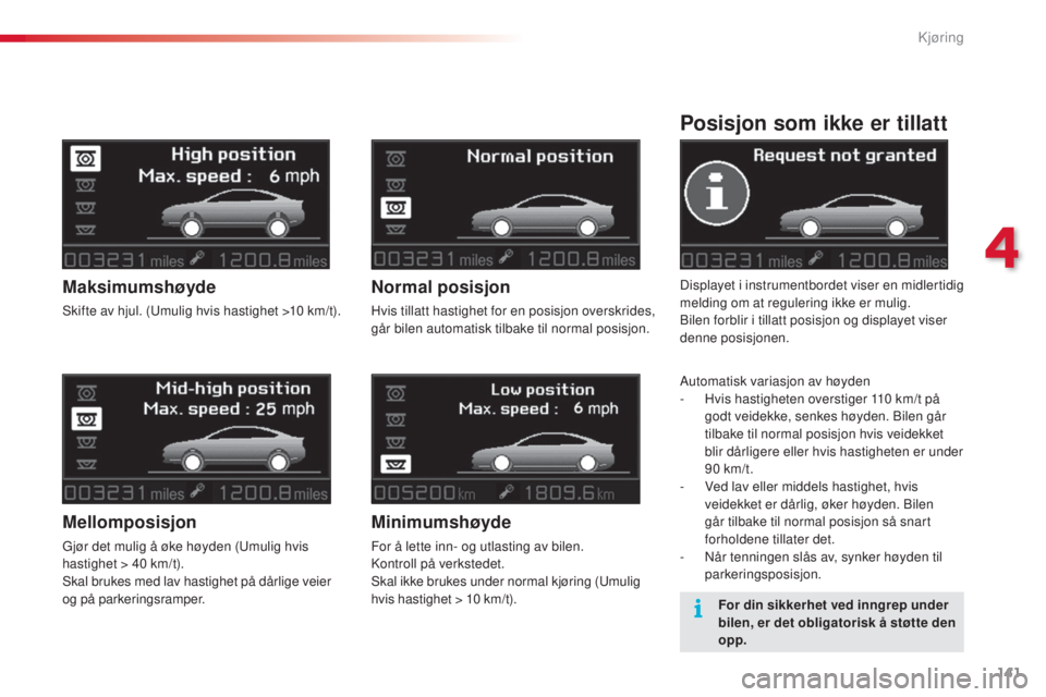 CITROEN C5 2015 InstruksjonsbØker (in Norwegian) 141
C5_no_Chap04_conduite_ed01-2014
Posisjon som ikke er tillatt
Displayet i instrumentbordet viser en midlertidig
melding om at regulering ikke er mulig.
bi
len forblir i tillatt posisjon og display CITROEN C5 2015 InstruksjonsbØker (in Norwegian) 141
C5_no_Chap04_conduite_ed01-2014
Posisjon som ikke er tillatt
Displayet i instrumentbordet viser en midlertidig
melding om at regulering ikke er mulig.
bi
len forblir i tillatt posisjon og display