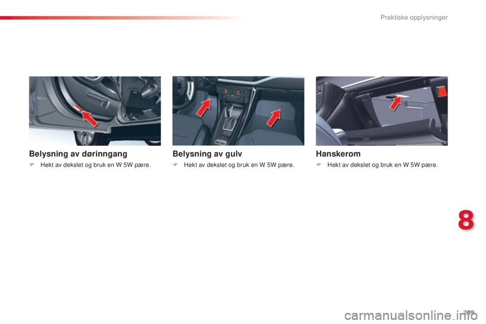 CITROEN C5 2015 InstruksjonsbØker (in Norwegian) 209
C5_no_Chap08_information_ed01-2014
Belysning av dørinngang
F Hekt av dekslet og bruk en W 5W pære.
Belysning av gulv
F Hekt av dekslet og bruk en W 5W pære.
Hanskerom
F Hekt av dekslet og bruk CITROEN C5 2015 InstruksjonsbØker (in Norwegian) 209
C5_no_Chap08_information_ed01-2014
Belysning av dørinngang
F Hekt av dekslet og bruk en W 5W pære.
Belysning av gulv
F Hekt av dekslet og bruk en W 5W pære.
Hanskerom
F Hekt av dekslet og bruk
