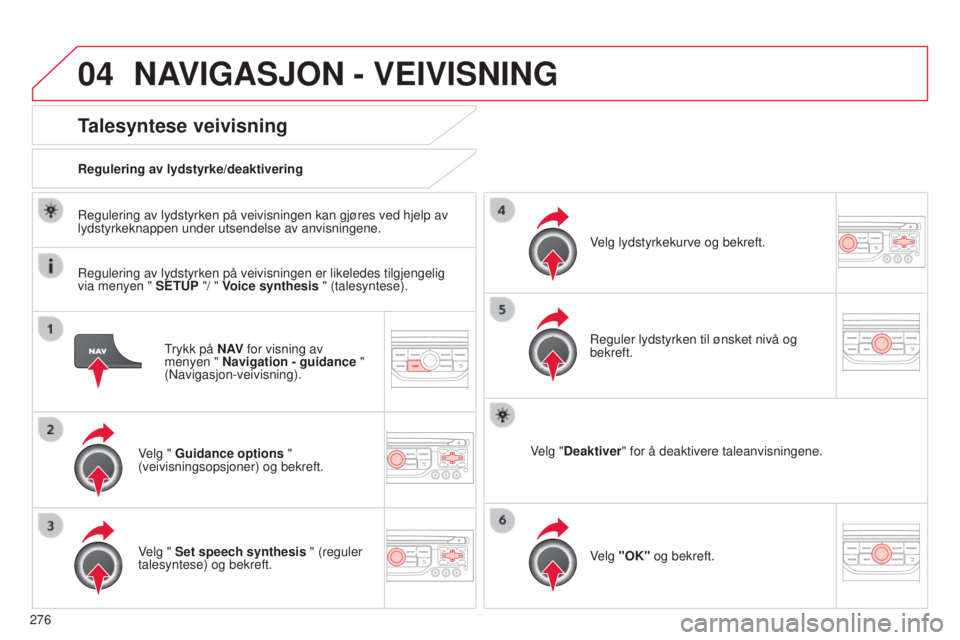 CITROEN C5 2015 InstruksjonsbØker (in Norwegian) 04
276
C5_no_Chap11b_rt6-2-8_ed01-2014
trykk på N AV for visning av
menyen " Navigation - guidance "
(
n avigasjon-veivisning).
Talesyntese veivisning
Velg " Guidance options "
( CITROEN C5 2015 InstruksjonsbØker (in Norwegian) 04
276
C5_no_Chap11b_rt6-2-8_ed01-2014
trykk på N AV for visning av
menyen " Navigation - guidance "
(
n avigasjon-veivisning).
Talesyntese veivisning
Velg " Guidance options "
(