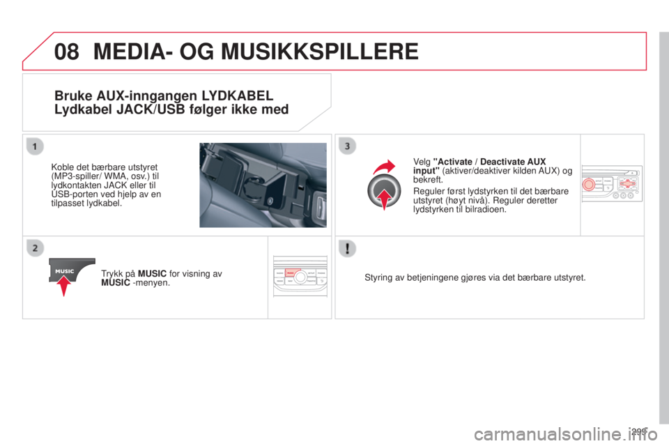 CITROEN C5 2015 InstruksjonsbØker (in Norwegian) 08
299
C5_no_Chap11b_rt6-2-8_ed01-2014
MEDIA- OG MUSIKKSPILLERE
Bruke AUX-inngangen LYDKABEL
Lydkabel JACK/USB følger ikke med
koble det bærbare utstyret
(MP3-spiller/ WMA, osv .) til
lydkontakte CITROEN C5 2015 InstruksjonsbØker (in Norwegian) 08
299
C5_no_Chap11b_rt6-2-8_ed01-2014
MEDIA- OG MUSIKKSPILLERE
Bruke AUX-inngangen LYDKABEL
Lydkabel JACK/USB følger ikke med
koble det bærbare utstyret
(MP3-spiller/ WMA, osv .) til
lydkontakte