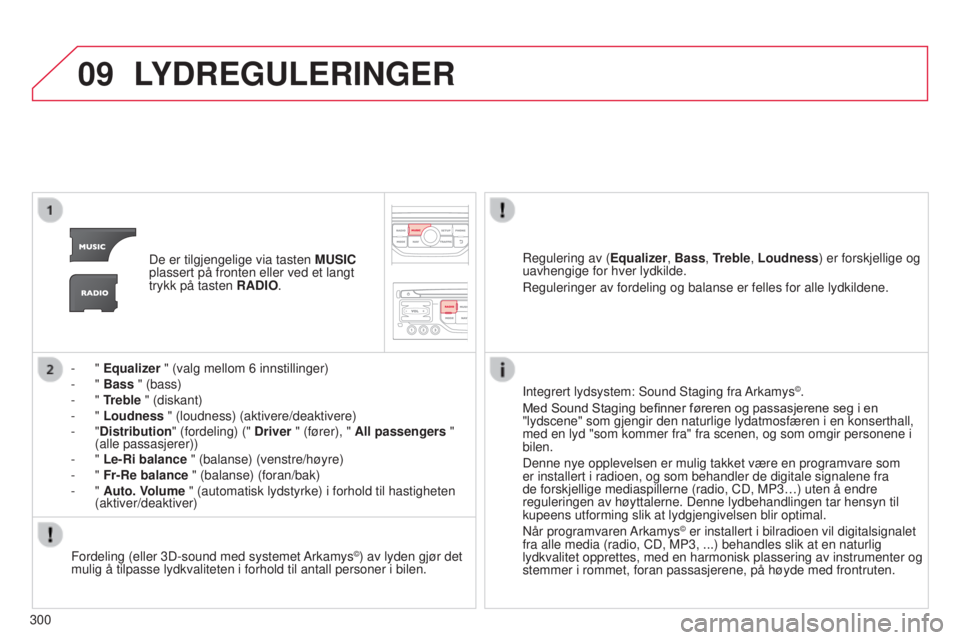 CITROEN C5 2015 InstruksjonsbØker (in Norwegian) 09
300
C5_no_Chap11b_rt6-2-8_ed01-2014
LYDREGULERINGER
De er tilgjengelige via tasten MUSIC
plassert på fronten eller ved et langt
trykk på tasten RADIO.
-
" Equalizer " (valg mellom 6
CITROEN C5 2015 InstruksjonsbØker (in Norwegian) 09
300
C5_no_Chap11b_rt6-2-8_ed01-2014
LYDREGULERINGER
De er tilgjengelige via tasten MUSIC
plassert på fronten eller ved et langt
trykk på tasten RADIO.
-
" Equalizer " (valg mellom 6