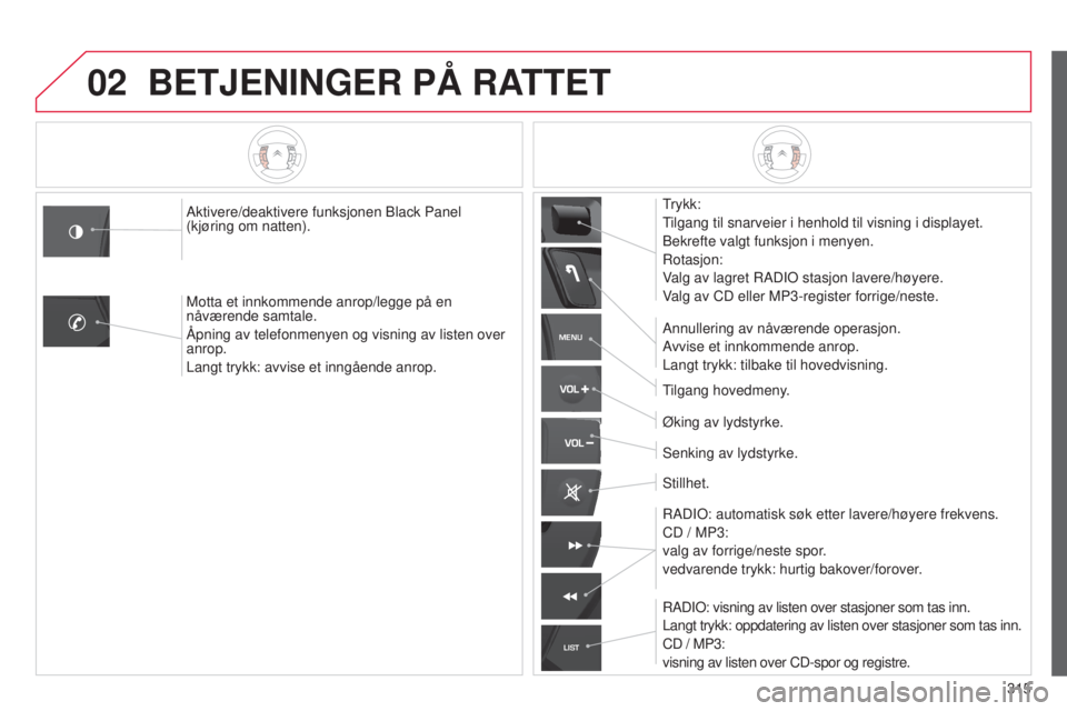 CITROEN C5 2015 InstruksjonsbØker (in Norwegian) 02
MENU
LIST
315
C5_no_Chap11c_rD45_ed01_2014
BETJENINGER PÅ RATTET
trykk:
tilgang til snarveier i henhold til visning i displayet.
b
ekrefte valgt funksjon i menyen.
r
otasjon:
Valg av lagret
r AD CITROEN C5 2015 InstruksjonsbØker (in Norwegian) 02
MENU
LIST
315
C5_no_Chap11c_rD45_ed01_2014
BETJENINGER PÅ RATTET
trykk:
tilgang til snarveier i henhold til visning i displayet.
b
ekrefte valgt funksjon i menyen.
r
otasjon:
Valg av lagret
r AD
