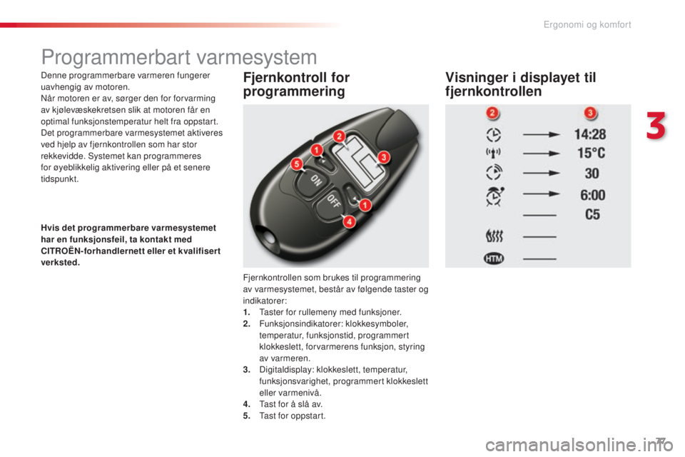 CITROEN C5 2015 InstruksjonsbØker (in Norwegian) 77
C5_no_Chap03_ergo-et-confort_ed01-2014
Programmerbart varmesystem
Denne programmerbare varmeren fungerer
uavhengig av motoren.
nå
r motoren er av, sørger den for forvarming
av kjølevæskekrets CITROEN C5 2015 InstruksjonsbØker (in Norwegian) 77
C5_no_Chap03_ergo-et-confort_ed01-2014
Programmerbart varmesystem
Denne programmerbare varmeren fungerer
uavhengig av motoren.
nå
r motoren er av, sørger den for forvarming
av kjølevæskekrets