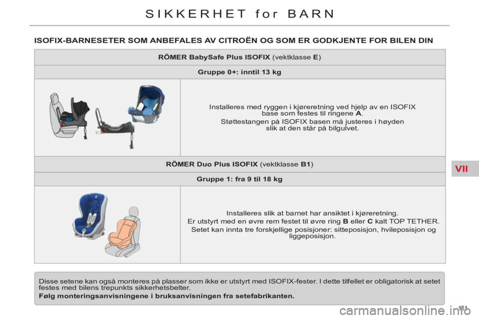 CITROEN C5 2014 InstruksjonsbØker (in Norwegian) VII
111
SIKKERHET for BARN
ISOFIX-BARNESETER SOM ANBEFALES AV CITROËN OG SOM ER GODKJENTE FOR BILEN DIN
Disse setene kan også monteres på plasser som ikke er utstyrt med ISOFIX-fester. I dette CITROEN C5 2014 InstruksjonsbØker (in Norwegian) VII
111
SIKKERHET for BARN
ISOFIX-BARNESETER SOM ANBEFALES AV CITROËN OG SOM ER GODKJENTE FOR BILEN DIN
Disse setene kan også monteres på plasser som ikke er utstyrt med ISOFIX-fester. I dette