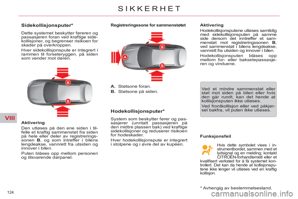 CITROEN C5 2014  InstruksjonsbØker (in Norwegian) VIII
124 
SIKKERHET
   
 
 
 
 
 
 
 
 
Sidekollisjonsputer *  
 
Dette systemet beskytter føreren og 
passasjeren foran ved kraftige side-
kollisjoner, og begrenser risikoen for 
skader på overkrop