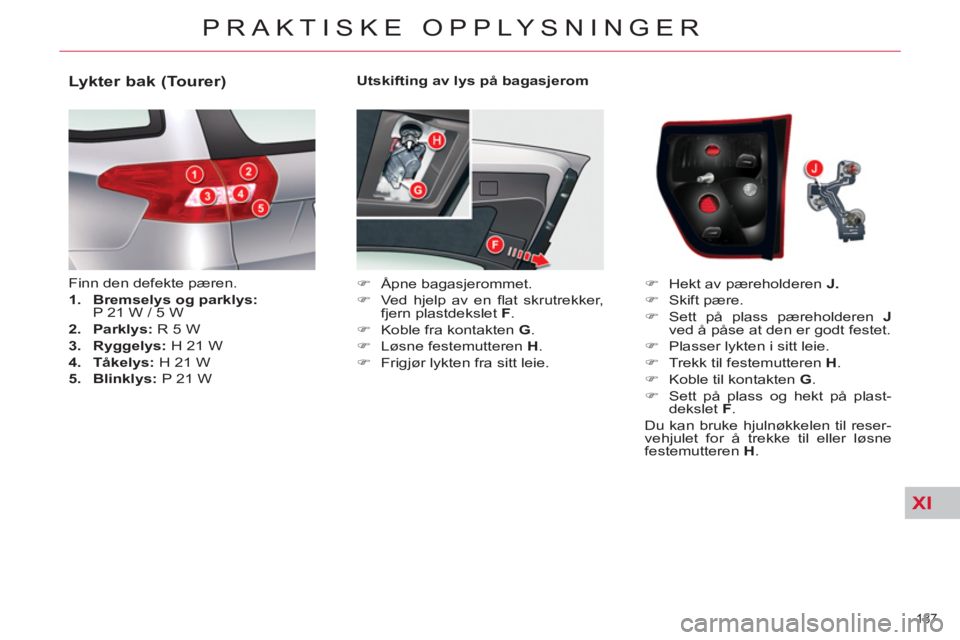 CITROEN C5 2014  InstruksjonsbØker (in Norwegian) XI
187 
PRAKTISKE OPPLYSNINGER
   
Utskifting av lys på bagasjerom 
   
 
�) 
 Åpne bagasjerommet. 
   
�) 
  Ved hjelp av en ﬂ at  skrutrekker, 
fjern plastdekslet  F 
. 
   
�) 
  Koble fra kont