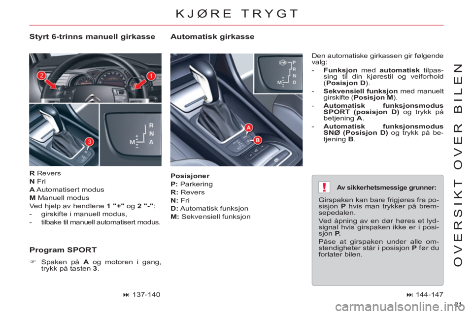 CITROEN C5 2014  InstruksjonsbØker (in Norwegian) !
21 
OVERSIKT OVER BILEN
   
Posisjoner 
 
   
P: 
 Parkering 
   
R: 
 Revers 
   
N: 
 Fri 
   
D: 
 Automatisk  funksjon 
   
M: 
 Sekvensiell funksjon   Den automatiske girkassen gir følgende 
v