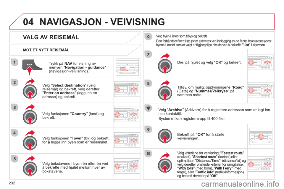 CITROEN C5 2014  InstruksjonsbØker (in Norwegian) 232
04
Trykk på  NAVfor visning av
menyen " Navigation - guidance 
" (navigasjon-veivisning).      
MOT ET NYTT REISEM
ÅL
NAVIGASJON - VEIVISNING 
VALG AV REISEMÅL 
 
 Velg " 
Select destination" (