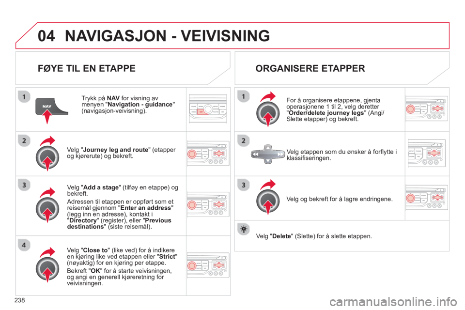 CITROEN C5 2014  InstruksjonsbØker (in Norwegian) 238
04NAVIGASJON - VEIVISNING 
   
FØYE TIL EN ETAPPE 
 
 
Trykk på NAVfor visning av menyen " Navigation - guidance"(navigasjon-veivisning).
Ve l
g "Journey leg and route" (etapper 
og kjørerute) 