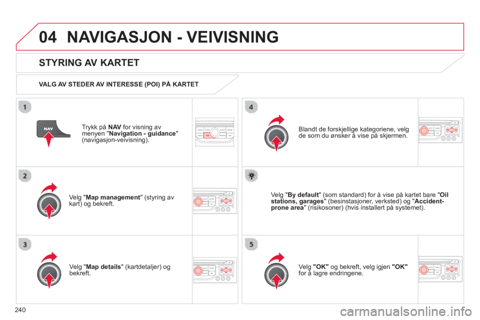CITROEN C5 2014  InstruksjonsbØker (in Norwegian) 240
04NAVIGASJON - VEIVISNING 
Trykk på  NAV   for visning av
menyen "Navigation - guidance"(navigasjon-veivisning).  
 
 
STYRING AV KARTET
 
 VALG AV STEDER AV INTERESSE (POI) PÅ KARTET
Velg "Map 