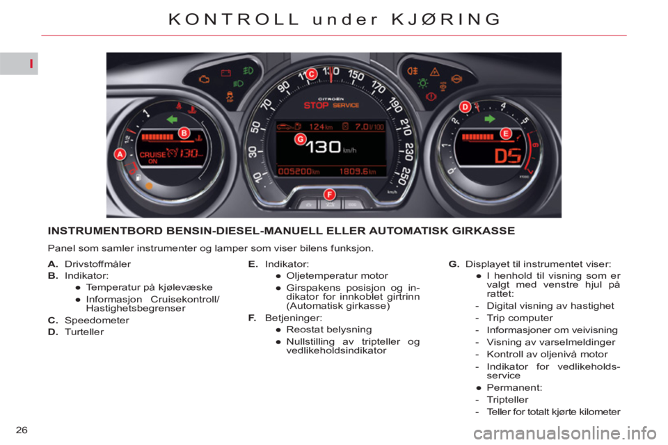 CITROEN C5 2014  InstruksjonsbØker (in Norwegian) I
26
KONTROLL under KJØRING
INSTRUMENTBORD BENSIN-DIESEL-MANUELL ELLER AUTOMATISK GIRKASSE
  Panel som samler instrumenter og lamper som viser bilens funksjon. 
   
 
A. 
 Drivstoffmåler 
   
B. 
 I