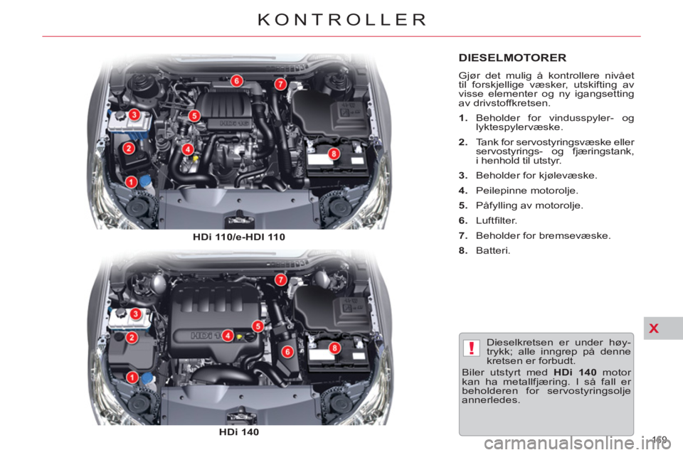 CITROEN C5 2012 InstruksjonsbØker (in Norwegian) X
!
169
KONTROLLER
DIESELMOTORER
Gjør det mulig å kontrollere nivået
til forskjellige væsker, utskifting av
visse elementer og ny igangsetting
av drivstoffkretsen.
1.
Beholder for CITROEN C5 2012 InstruksjonsbØker (in Norwegian) X
!
169
KONTROLLER
DIESELMOTORER
Gjør det mulig å kontrollere nivået
til forskjellige væsker, utskifting av
visse elementer og ny igangsetting
av drivstoffkretsen.
1.
Beholder for