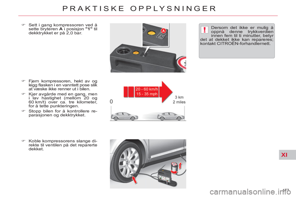 CITROEN C5 2012  InstruksjonsbØker (in Norwegian) XI
!
177 
PRAKTISKE OPPLYSNINGER
   
�) 
  Fjern kompressoren, hekt av og 
legg ﬂ asken i en vanntett pose slik 
at væske ikke renner ut i bilen. 
   
�) 
  Kjør avgårde med en gang, men 
i lav h