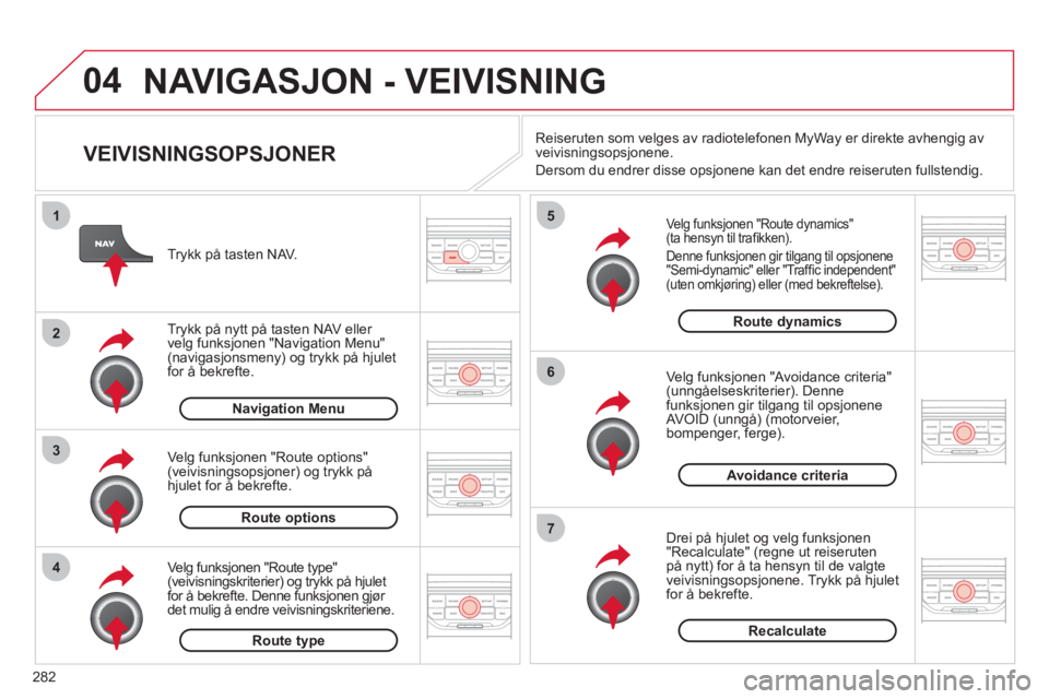 CITROEN C5 2012 InstruksjonsbØker (in Norwegian) 282
04
4
3
2
1
7
6
5
NAVIGASJON - VEIVISNING
VEIVISNINGSOPSJONER
Velg funksjonen "Route dynamics"(ta hensyn til trafi kken).
Denne
funksjonen gir tilgang til opsjonene "Semi-dynamic" eller " CITROEN C5 2012 InstruksjonsbØker (in Norwegian) 282
04
4
3
2
1
7
6
5
NAVIGASJON - VEIVISNING
VEIVISNINGSOPSJONER
Velg funksjonen "Route dynamics"(ta hensyn til trafi kken).
Denne
funksjonen gir tilgang til opsjonene "Semi-dynamic" eller "
