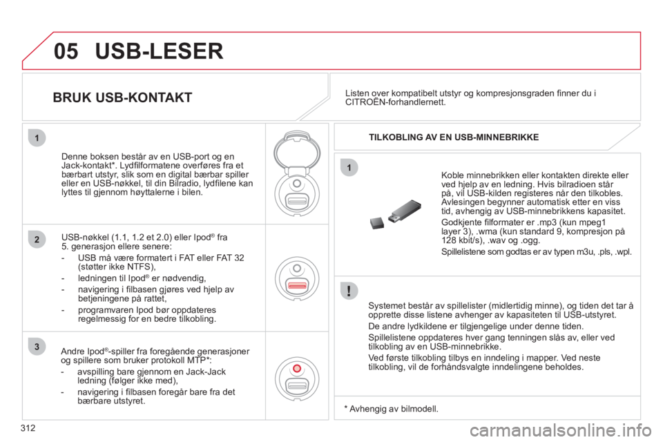 CITROEN C5 2012 InstruksjonsbØker (in Norwegian) 312
05
1
2
3
1
USB-LESER
Systemet består av spillelister (midlertidig minne), og tiden det tar å opprette disse listene avhenger av kapasiteten til USB-utstyret.
De andre lydkildene er tilgje CITROEN C5 2012 InstruksjonsbØker (in Norwegian) 312
05
1
2
3
1
USB-LESER
Systemet består av spillelister (midlertidig minne), og tiden det tar å opprette disse listene avhenger av kapasiteten til USB-utstyret.
De andre lydkildene er tilgje