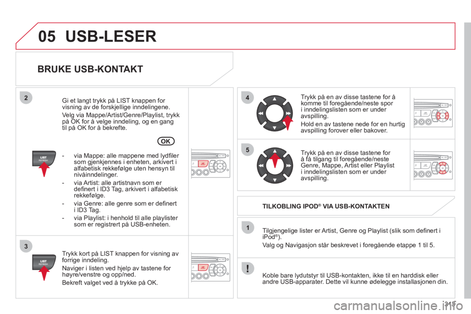CITROEN C5 2012 InstruksjonsbØker (in Norwegian) 313
05
42
3
1
5
OK
USB-LESER
BRUKE USB-KONTAKT
Trykk kort på LIST knappen for visning av
forrige inndeling.
Navi
ger i listen ved hjelp av tastene for høyre/venstre og opp/ned.
Bekref CITROEN C5 2012 InstruksjonsbØker (in Norwegian) 313
05
42
3
1
5
OK
USB-LESER
BRUKE USB-KONTAKT
Trykk kort på LIST knappen for visning av
forrige inndeling.
Navi
ger i listen ved hjelp av tastene for høyre/venstre og opp/ned.
Bekref