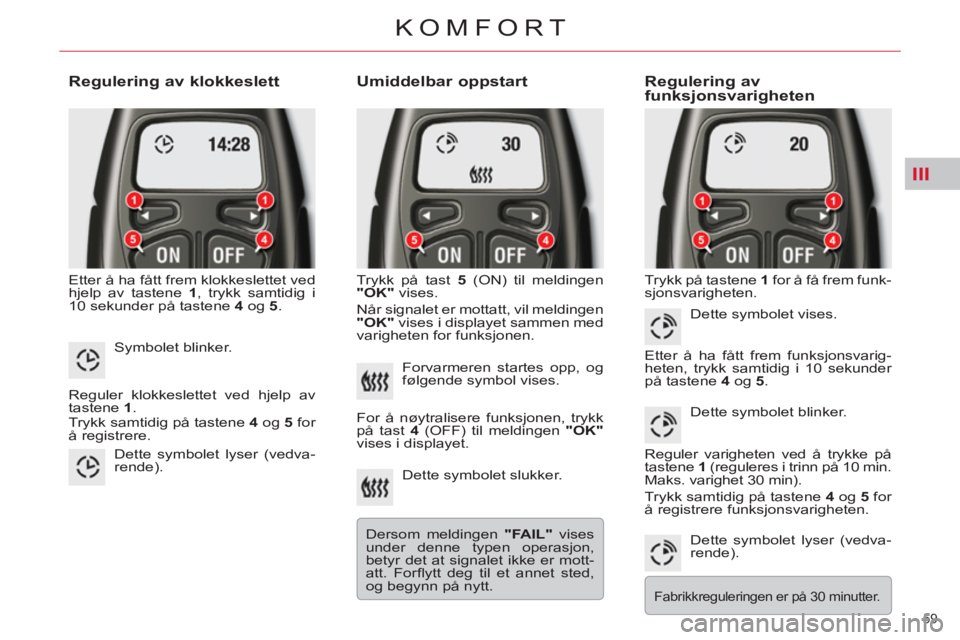 CITROEN C5 2012 InstruksjonsbØker (in Norwegian) III
59
KOMFORT
Regulering av klokkeslett
Etter å ha fått frem klokkeslettet ved
hjelp av tastene 1
, trykk samtidig i
10 sekunder på tastene 4
og 5
.
Umiddelbar oppstart
Tr CITROEN C5 2012 InstruksjonsbØker (in Norwegian) III
59
KOMFORT
Regulering av klokkeslett
Etter å ha fått frem klokkeslettet ved
hjelp av tastene 1
, trykk samtidig i
10 sekunder på tastene 4
og 5
.
Umiddelbar oppstart
Tr