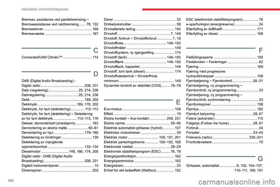 CITROEN C5 AIRCROSS 2022 InstruksjonsbØker (in Norwegian) 242
Alfabetisk innholdsfortegnelse
Bremser, assistanse ved panikkbremsing ~
Bremseassistanse ved nødbremsing
76, 132
Bremseskiver
169
Bremsevæske
167
C
ConnectedCAM Citroën™ 11 CITROEN C5 AIRCROSS 2022 InstruksjonsbØker (in Norwegian) 242
Alfabetisk innholdsfortegnelse
Bremser, assistanse ved panikkbremsing ~
Bremseassistanse ved nødbremsing
76, 132
Bremseskiver
169
Bremsevæske
167
C
ConnectedCAM Citroën™ 11