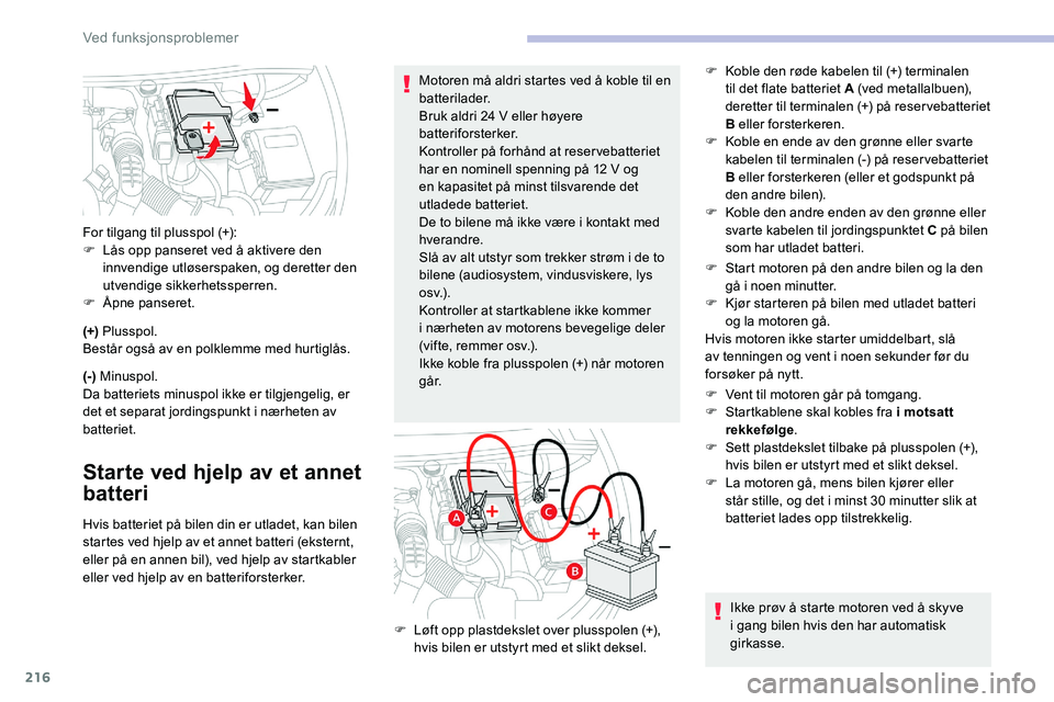 CITROEN C5 AIRCROSS 2020 InstruksjonsbØker (in Norwegian) 216
(+) Plusspol.
Består også av en polklemme med hurtiglås.
(-) Minuspol.
Da batteriets minuspol ikke er tilgjengelig, er
det et separat jordingspunkt i
nærheten av
batteriet.
Starte ved hje CITROEN C5 AIRCROSS 2020 InstruksjonsbØker (in Norwegian) 216
(+) Plusspol.
Består også av en polklemme med hurtiglås.
(-) Minuspol.
Da batteriets minuspol ikke er tilgjengelig, er
det et separat jordingspunkt i
nærheten av
batteriet.
Starte ved hje