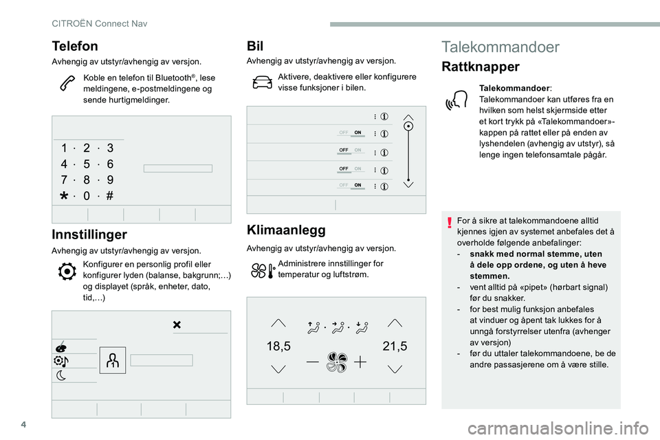 CITROEN C5 AIRCROSS 2020 InstruksjonsbØker (in Norwegian) 4
21,518,5
Telefon
Avhengig av utstyr/avhengig av versjon.Koble en telefon til Bluetooth
®, lese
meldingene, e-postmeldingene og
sende hurtigmeldinger.
Innstillinger
Avhengig av utstyr/avhengig av CITROEN C5 AIRCROSS 2020 InstruksjonsbØker (in Norwegian) 4
21,518,5
Telefon
Avhengig av utstyr/avhengig av versjon.Koble en telefon til Bluetooth
®, lese
meldingene, e-postmeldingene og
sende hurtigmeldinger.
Innstillinger
Avhengig av utstyr/avhengig av