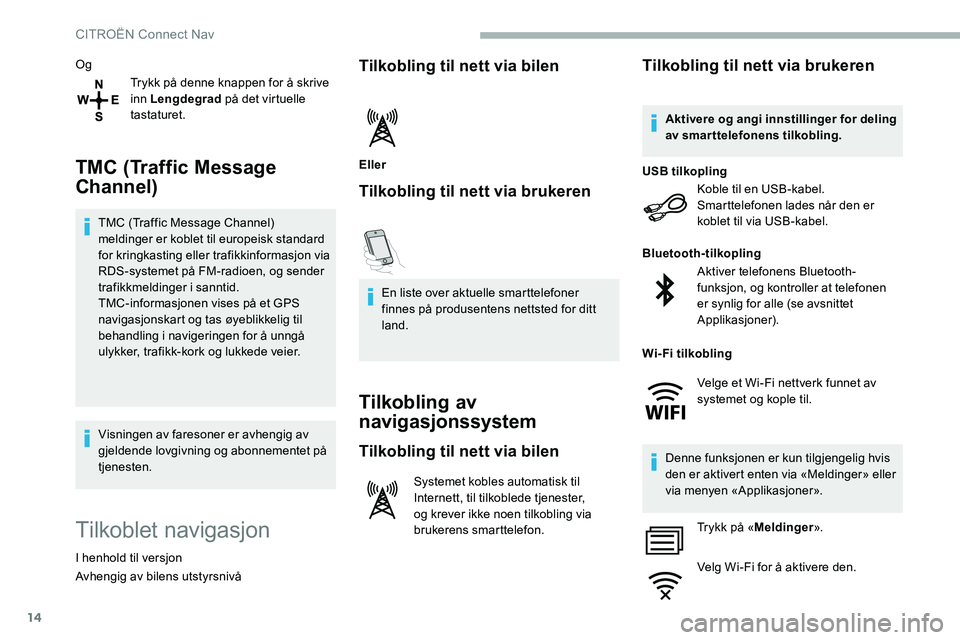 CITROEN C5 AIRCROSS 2020 InstruksjonsbØker (in Norwegian) 14
OgTrykk på denne knappen for å skrive
inn Lengdegrad på det virtuelle
tastaturet.
TMC (Traffic Message
Channel)
TMC (Traffic Message Channel)
meldinger er koblet til europeisk standard
for CITROEN C5 AIRCROSS 2020 InstruksjonsbØker (in Norwegian) 14
OgTrykk på denne knappen for å skrive
inn Lengdegrad på det virtuelle
tastaturet.
TMC (Traffic Message
Channel)
TMC (Traffic Message Channel)
meldinger er koblet til europeisk standard
for