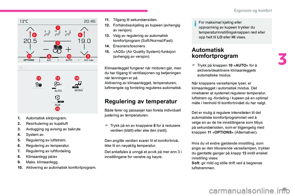 CITROEN C5 AIRCROSS 2020 InstruksjonsbØker (in Norwegian) 65
11.Tilgang til sekundærsiden.
12 . Forhåndsavkjøling av kupeen (avhengig
av versjon).
13. Valg av regulering av automatisk
komfortprogram (Soft/Normal/Fast).
14 . Ensoners/tosoners
15. «AQS» CITROEN C5 AIRCROSS 2020 InstruksjonsbØker (in Norwegian) 65
11.Tilgang til sekundærsiden.
12 . Forhåndsavkjøling av kupeen (avhengig
av versjon).
13. Valg av regulering av automatisk
komfortprogram (Soft/Normal/Fast).
14 . Ensoners/tosoners
15. «AQS»