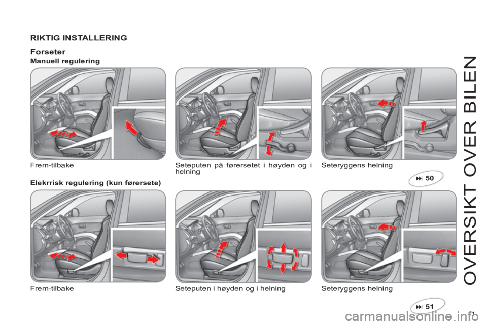 CITROEN C-CROSSER 2012  InstruksjonsbØker (in Norwegian) 11  
O
VER
S
IKT 
O
VER BILEN
   
RIKTIG INSTALLERING  
�51  
 
 
 
 
Forseter 
 
Frem-tilbake  Seteputen på førersetet i høyden og ihelning  Seteryggens helning     
Manuell regulering 
   
Elekr