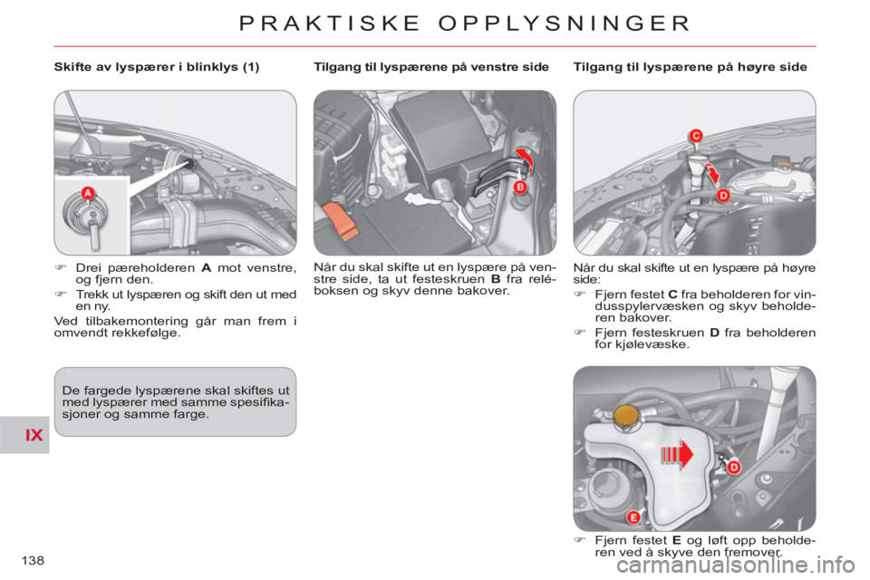 CITROEN C-CROSSER 2012  InstruksjonsbØker (in Norwegian) IX
PRAKTISKE OPPLYSNINGER
138
   
Skifte av lyspærer i blinklys (1) 
  De fargede lyspærene skal skiftes ut 
med lyspærer med samme spesiﬁ ka-
sjoner og samme farge.      
 
�) 
  Drei pæreholde